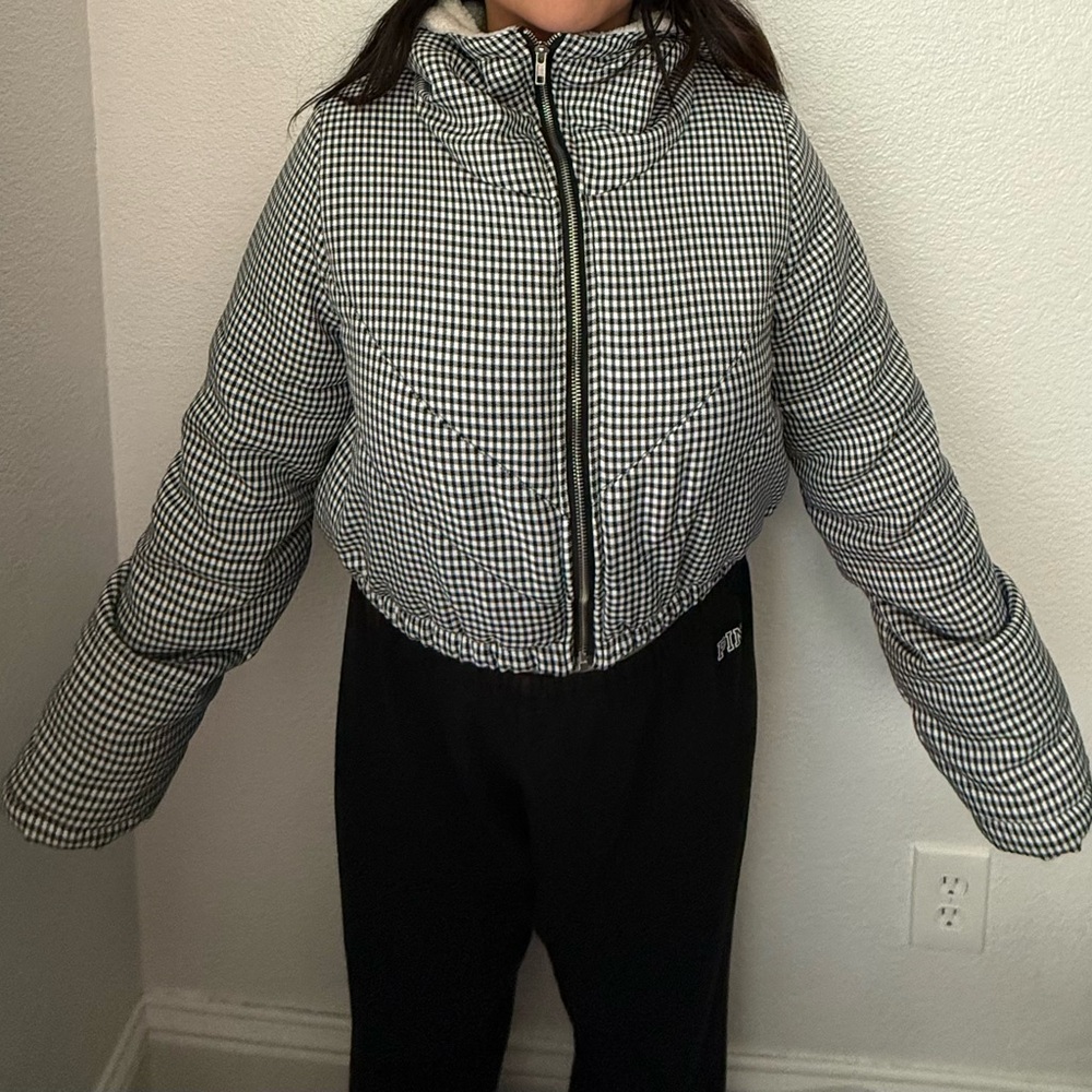 PrettyLittleThing Black and White Checkered Puffer Jacket